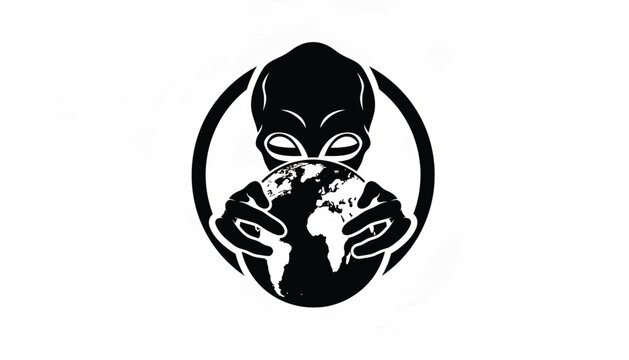 Devil logo with globe face hands covering mouth in a bold black emblem illustration featuring demon, horns, mascot with dark theme and fantasy