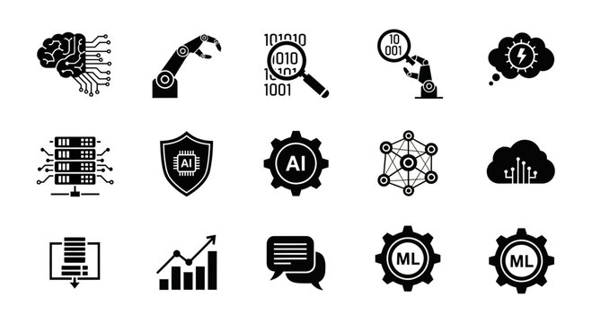A collection of black and white vector icons representing artificial intelligence and machine learning concepts