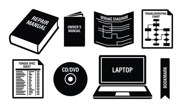 Technical repair manual and automotive documentation icon set featuring laptop cd and wiring diagram