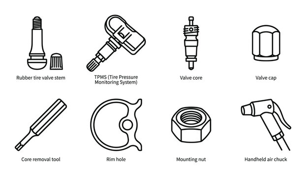 Tire valve stem and sensor components icon set for automotive repair services in line art style now