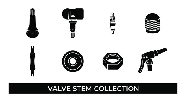 Valve stem collection featuring tpms sensor and tire pressure component icons on transparent vector