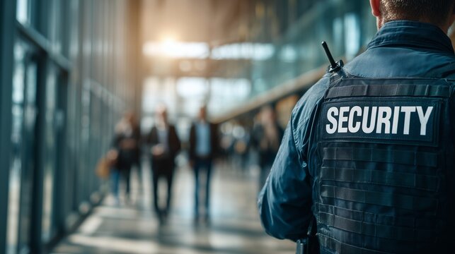 A security guard stands watch in a modern building with people in the background