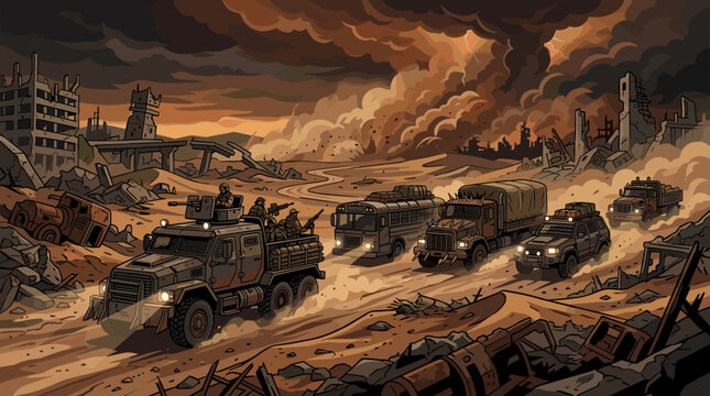 A military convoy with armed soldiers drives through a devastated post-apocalyptic city under a dark, stormy sky. Vector illustration for war, survival, and gaming themes.