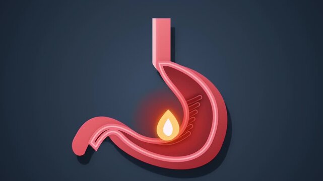 Human stomach anatomy illustration with a burning flame representing heartburn and acid reflux symptoms
