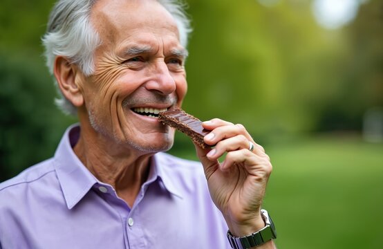 Elderly man smiles while eating a chocolate protein bar outdoors. He wears a purple shirt and a watch, enjoying a healthy snack with a happy expression. This is a lifestyle image.