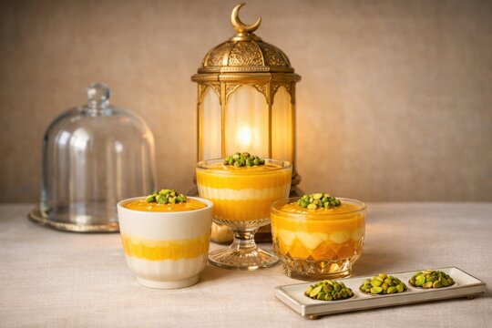Bakrid dessert cups with lantern and pistachio garnish