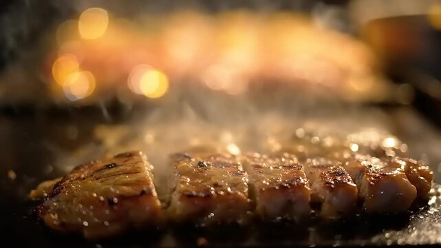 Juicy Sliced Steak Sizzling on a Hot Grill, Steam Rising, Close-up Food Photography