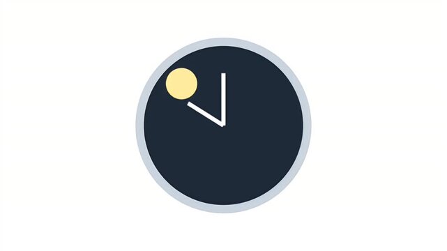 This minimalist flat design animation shows a clock with moving hands and a yellow sun icon representing time passing
