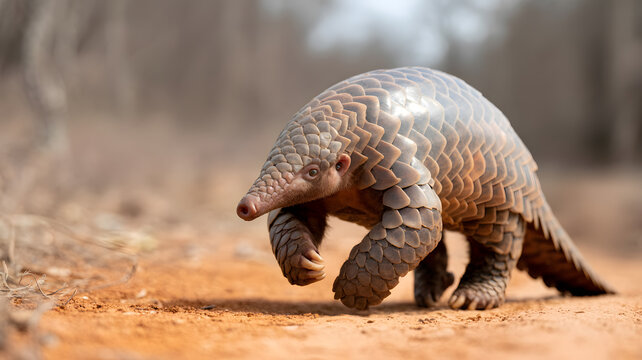 A pangolin walking on a dirt path in a natural outdoor setting on transparent background