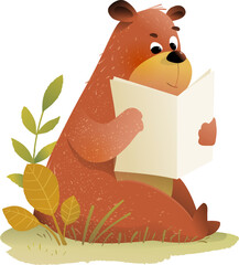 Naklejka premium Teddy bear reading a book in a forest nature. Animal character reading or studying a book, cute cartoon for kids school or library. Vector cartoon clipart illustration for children education.