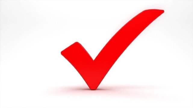 Red check mark appearing with shadow in a 3d rendered animation against a white background.