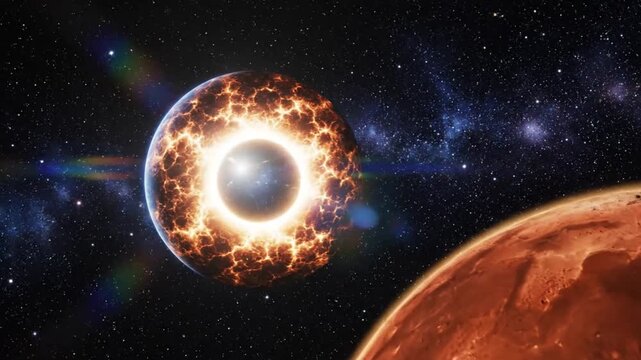 Epic CGI illustration of a fiery celestial sphere exploding in the expanse of space, planets visible