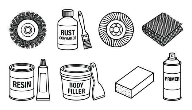 Car paint supplies, resin, body filler, primer spray, rust converter, sanding disc
