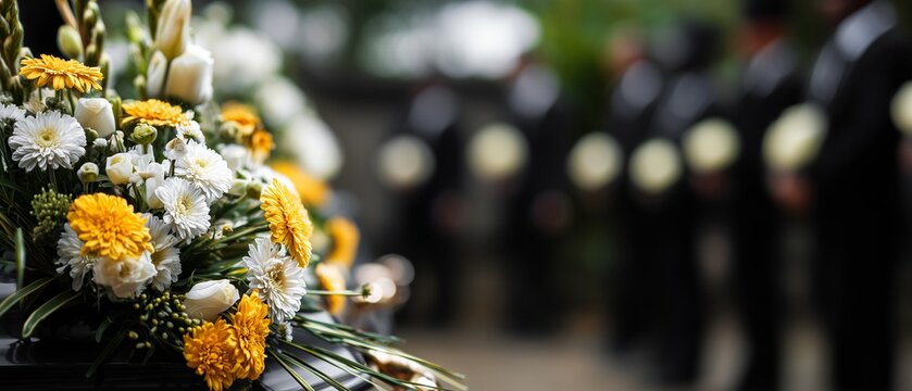 A solemn funeral procession with a vibrant floral arrangement in the foreground