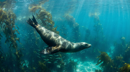 Fototapeta premium California Sea Lion in Kelp Forest with Sunbeams
