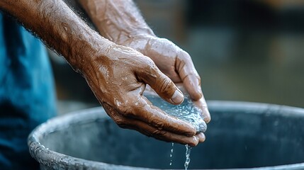 Fototapeta premium Wet Hands Holding Water Dripping Closeup Texture Serene Refreshing Detail.