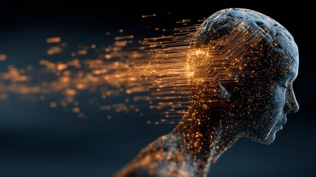 A futuristic digital illustration of a human head with glowing particles exploding from it