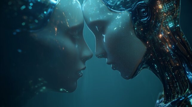 A futuristic digital illustration of human and robotic faces in close proximity