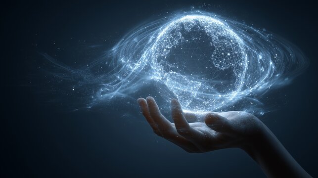 A hand holding a glowing blue orb in a dark space