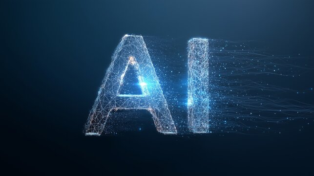 A futuristic AI logo made of sparkling particles on a dark blue background