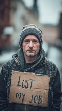 A man holding a cardboard sign that reads lost my job