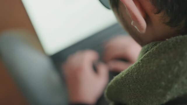 Closeup caucasian developer typing on keyboard, fingers moving across keys with precision, denimclad lap workspace, wrist posture and keystroke rhythm captured in candid sequence, focused remote work