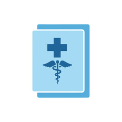Obraz premium This medical icon features a blue document folder with a bold cross and a classic caduceus symbol, representing professional healthcare and records.
