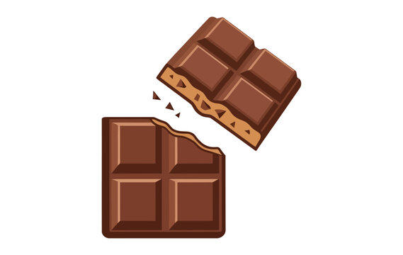 Broken chocolate bar with squares and bite mark on white background illustration
