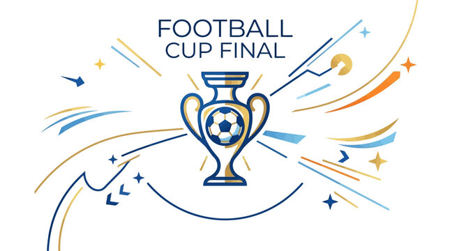 Illustration of a football cup final trophy with dynamic lines and stars, symbolizing a soccer championship victory, against a clean white background.