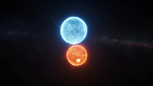 Cinematic space visualization of a binary star system with a blue giant and a red dwarf interacting through gravitational forces.