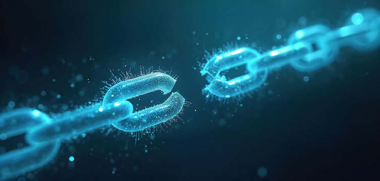 Digital chain link broken blue glow. Abstract network connection fail concept. Cyber security threat data breach symbol. Virtual data transfer interruption. Futuristic tech error symbol.