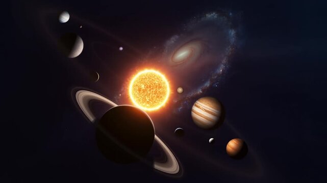 Realistic 3D render of the solar system showing major planets orbiting the sun with a distant galaxy background.