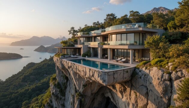 Hanging cliff mansion with suspended pool