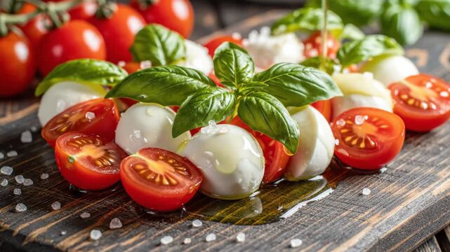 Delicious caprese salad with fresh mozzarella, ripe tomatoes, basil, and olive oil, served on a wooden board.