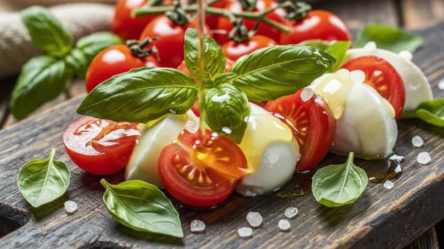 Delicious caprese salad with fresh mozzarella tomatoes basil and extra virgin olive oil on wooden board