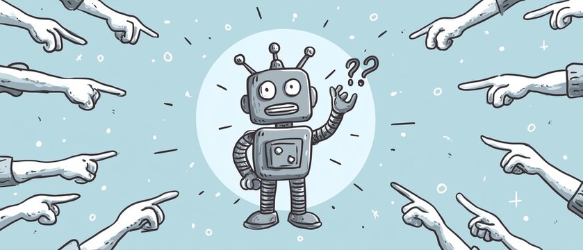 A cartoon robot surrounded by pointing hands and questioning its existence