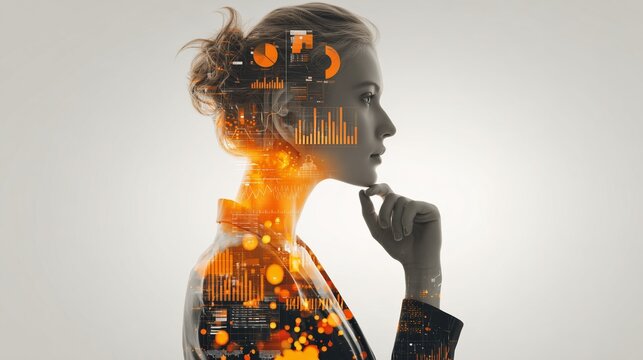 A woman with a thoughtful expression and a digital overlay on her body