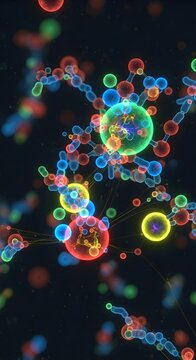 Colorful microscopic view of molecules or cells showing abstract scientific or medical research concept with glowing particles and vibrant atomic structures in dark environment.