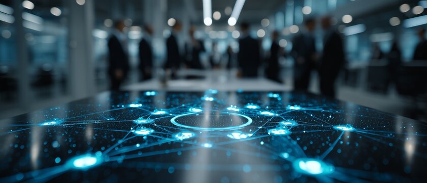 A futuristic network connection in a modern office with people in the background