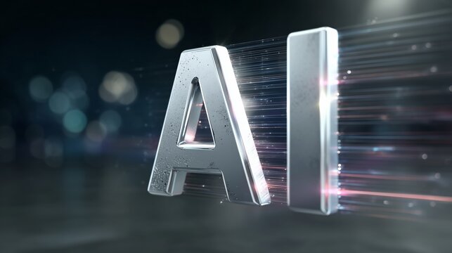 A futuristic silver AI logo with glowing lines and bokeh lights