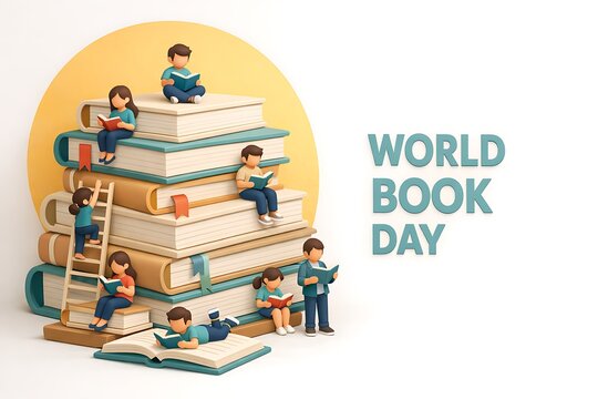 Children sitting on a large stack of books celebrating World Book Day