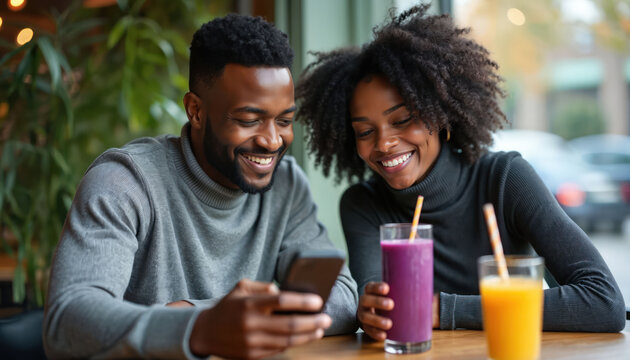 Young black couple smiles looking at phone in cafe. They drink colorful smoothies while sharing moment at table. Man holds mobile device, woman sips beverage through straw, enjoying time together.