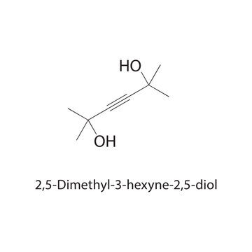 2,5-Dimethyl-3-hexyne-2,5 diol skeletal structure. alkyne compound schematic illustration. Simple diagram, chemical formula.