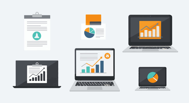 Flat design icons representing data analysis, charts, and reports on devices