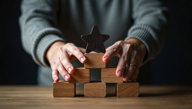 Person places dark wooden star on stack of wood cubes. Building up concept of achievement, success, best rating and quality. Hand makes mark on pyramid.