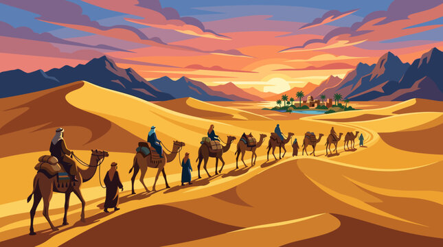 Vector illustration of a camel caravan journeying across a golden desert at sunset, approaching a vibrant oasis village with palm trees. Evokes adventure, travel, culture.