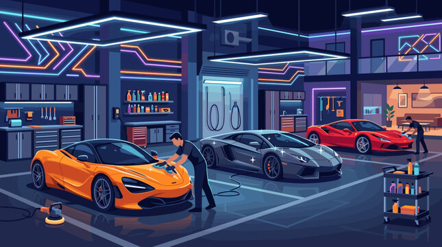 Vector illustration of professional car detailing service in a futuristic luxury garage. Two men clean three high-end sports cars. Perfect for auto care advertising.