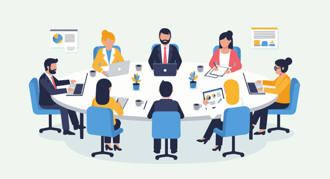 A diverse group of professionals in a modern office setting, engaged in a collaborative meeting around a large oval table
