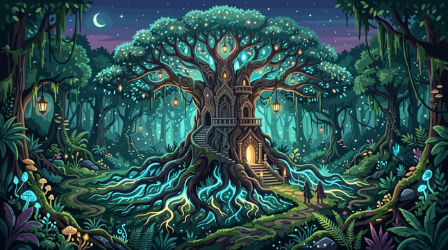 Magical treehouse in a fantasy forest at night, featuring glowing roots, lanterns, and a crescent moon. Vector illustration, ideal for games, books, or mystical themes.