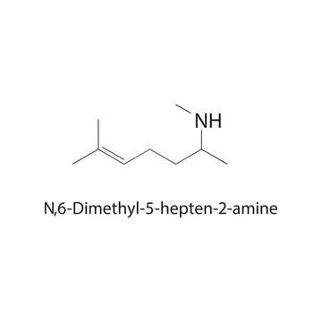 N,6-Dimethyl-5-hepten-2 amine skeletal structure. amine compound schematic illustration. Simple diagram, chemical formula.